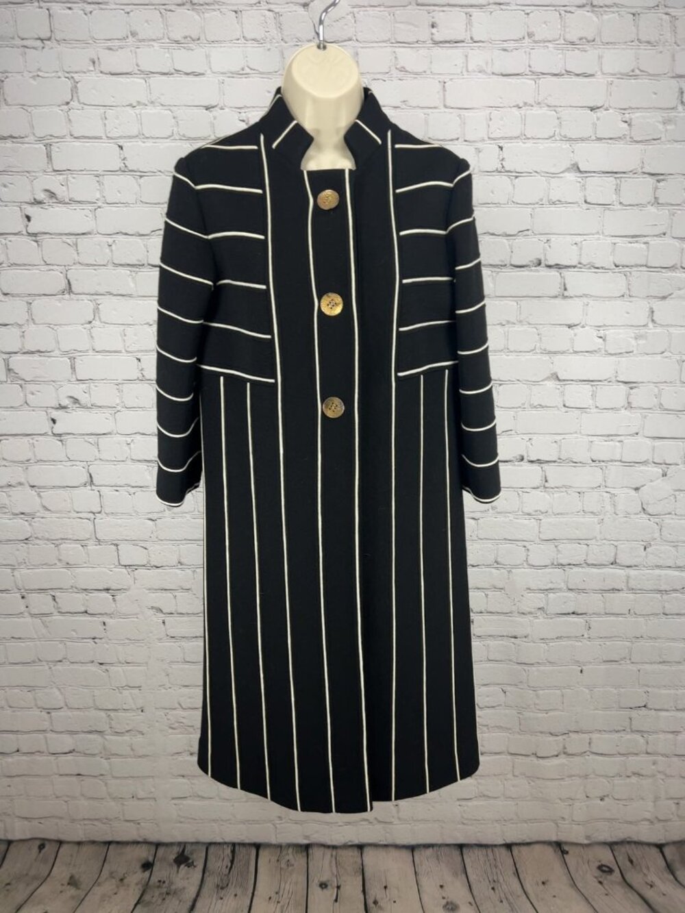VTG St Andrews Black White Striped 100% Wool Knit Button Front Duster Coat 12